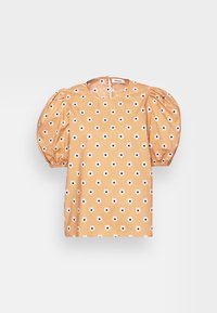 Blusa laranja de mangas curtas com mangas bufantes, apresentando pequenas flores brancas com centros escuros sobre um tecido texturizado. Fecho em forma de chave na parte de trás.
