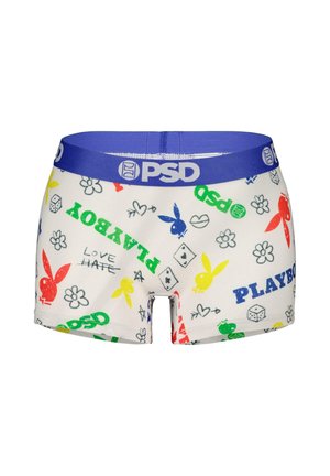 Bílé boxerky s modrým pasem, s barevnými potisky, včetně loga Playboy, květin, kostek a textu.