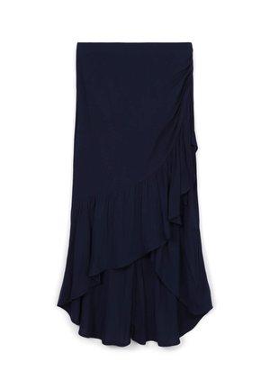 Gonna midi asimmetrica blu navy con strati di volant e morbidi dettagli drappeggiati.