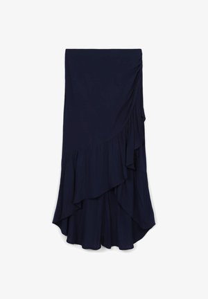 Gonna midi asimmetrica blu navy con strati di volant e morbidi dettagli drappeggiati.