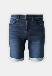 Pantaloni scurți din denim de un albastru închis, cu un finisaj ușor decolorat; au tivuri rulante și un design tradițional cu cinci buzunare.