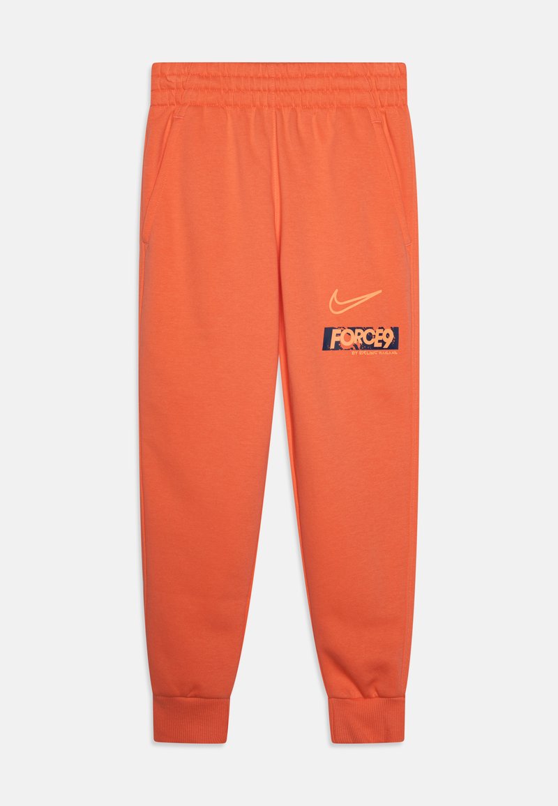 Orange sweatpants with an elastic waistband, side pockets, ribbed cuffs, and a bold "FORCE9" logo in navy on the left leg. Nike swoosh above.