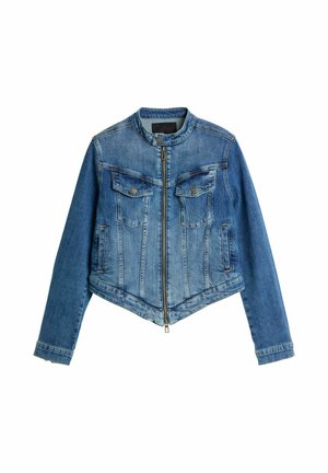 Jachetă din denim albastru deschis, cu decolteu rotund, închidere cu fermoar, două buzunare pe piept și tiv scurt, tăiat oblic. Are cusături contrastante.