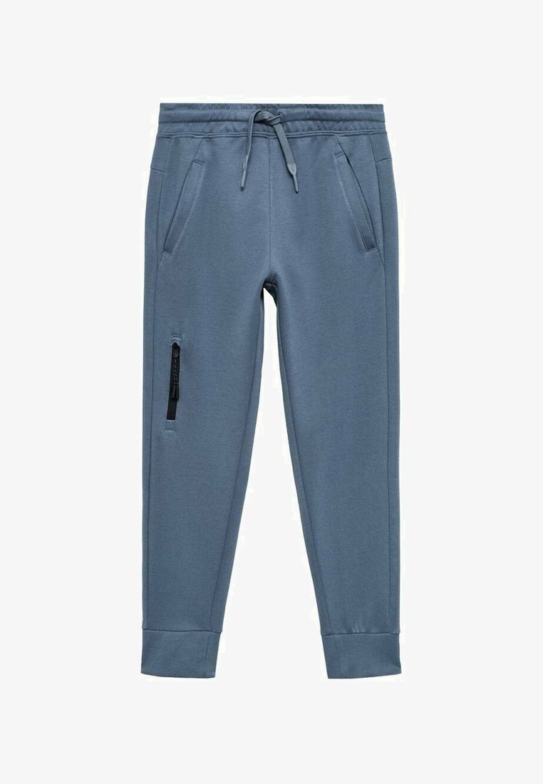 Light blue sweatpants made of soft fabric, featuring an elastic waistband with drawstring, two side pockets, and a zippered pocket on the thigh.