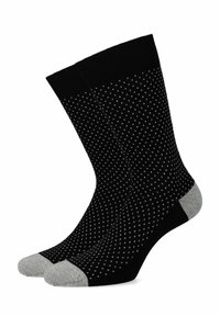 Czarne skarpetki w kropki, z jednolitą czarną częściową górną oraz szarymi akcentami na palcach i piętach. Wykonane z miękkiego dzianinowego materiału.