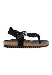 Sorte vævede sandaler med en sål i kork og gummi, med en tåsløjfe, sidespænde og strukturerede stropper.