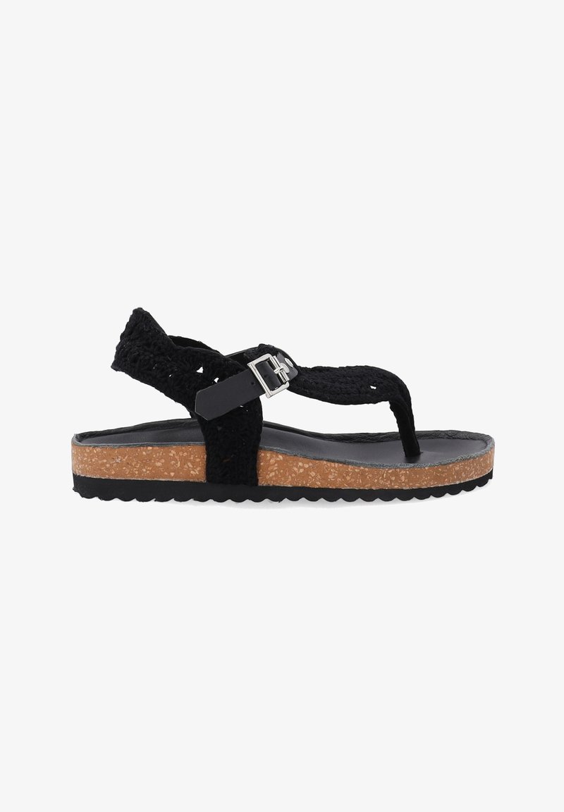 Black woven sandals with a cork and rubber sole, featuring a toe loop, side buckle closure, and textured straps.