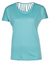 T-shirt in cotone turchese con scollo rotondo, maniche corte e dettaglio a taglio sul retro caratterizzato da strisce verticali.