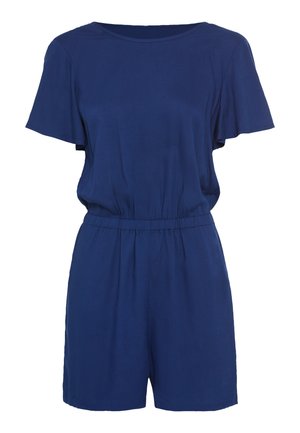 Salopette blu navy realizzata in tessuto morbido, caratterizzata da una vestibilità ampia, maniche corte, una vita elastica e un semplice scollo tondo.