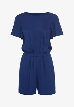Námornícky modrý overal z mäkkej textílie, s voľným strihom, krátkymi rukávmi, elastickým pásom a jednoduchým okrúhlym výstrihom.