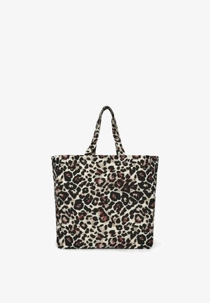 Borsa a tracolla in tessuto con stampa leopardata, dotata di due manici, forma rettangolare spaziosa e una combinazione di colori beige, nero e bordeaux.