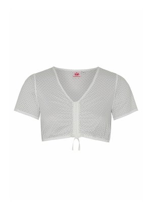 White cropped top with a textured geometric pattern, short sleeves, V-neck, and front tie detail.  Crafted from lightweight material.