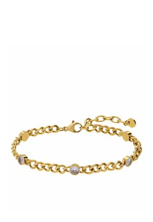 Gouden kettingarmband met drie ronde heldere edelstenen gelijkmatig verdeeld, voorzien van een karabijnsluiting en verstelbare schakels.