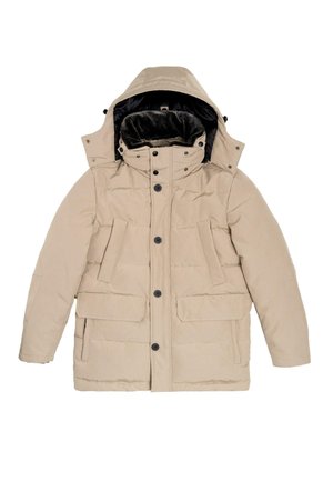 Beżowa pikowana kurtka z odpinanym kapturem, wyposażona w dwie duże przednie kieszenie, czarne guziki oraz miękką podszewkę.