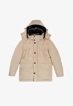 Beige gewatteerde jas met afneembare capuchon, met twee grote voorkwalingen, zwarte knopen en een zachte binnenvoering.