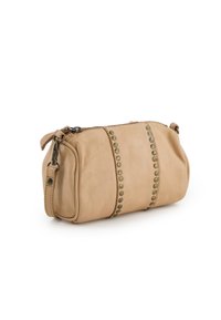 Tan leather clutch bag with rounded shape, zip closure, and decorative metal studs along the center. Features a detachable strap.