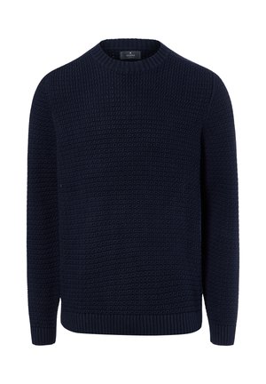 Marineblauer, strukturierter Strickpullover mit langen Ärmeln, geripptem Rundhalsausschnitt, Bündchen und Saum, dargestellt auf weißem Hintergrund.