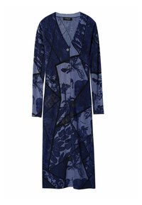 Pikem, soonilise mustriga sinistes toonides kleit, millel on v-kaelus ja must nuppude sulgemine ette.