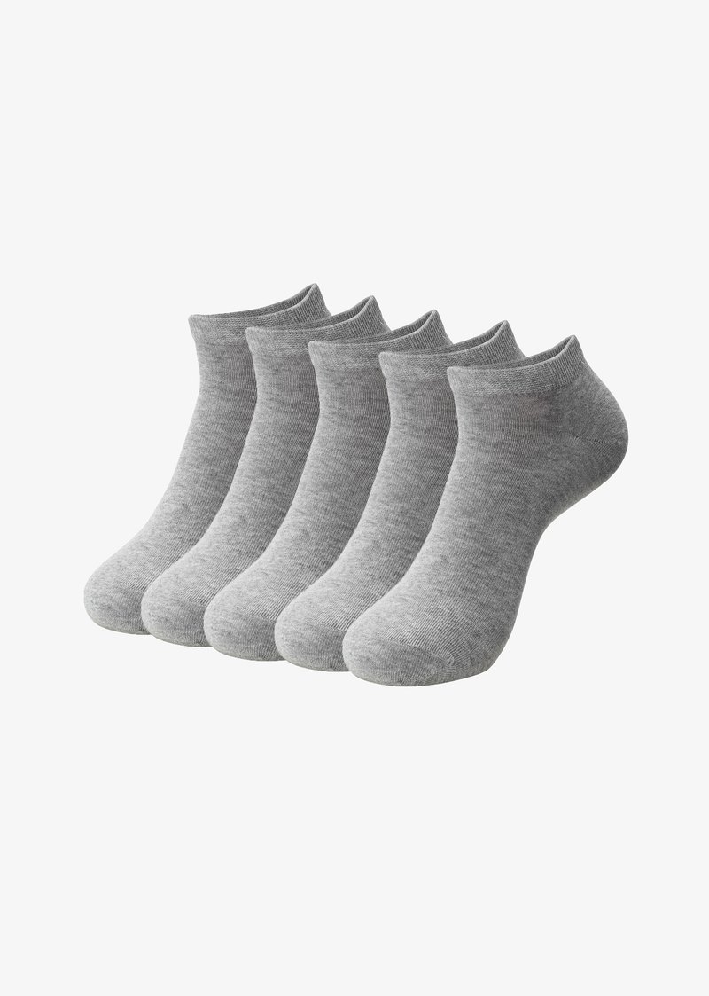 Gray ankle socks in a pack of five. Made of a ribbed fabric, featuring a smooth texture and rounded toe design. Suitable for casual wear.
