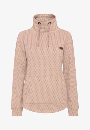 Bež dukserica s uzorkom točkica, visokim ovratnikom, podesivim vezicom, prednjim džepom i rebrastim manžetama. Mekana tkanina.