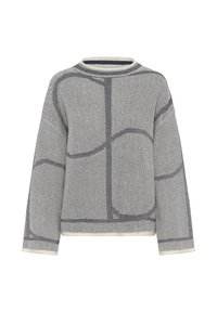 Pull en maille grise avec un motif géométrique aux teintes plus foncées, coupe carrée et col côtelé. Orné d'une bordure crème à l'ourlet et aux poignets.