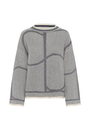 Pull en maille grise avec un motif géométrique aux teintes plus foncées, coupe carrée et col côtelé. Orné d'une bordure crème à l'ourlet et aux poignets.