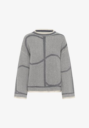 Pull en maille grise avec un motif géométrique aux teintes plus foncées, coupe carrée et col côtelé. Orné d'une bordure crème à l'ourlet et aux poignets.