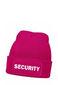 Pink knit beanie with a ribbed texture. A white rectangular patch displays the word "SECURITY" in bold capital letters.