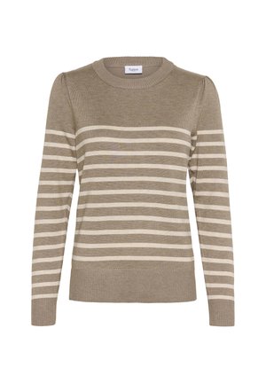 Prugasta pleta v svetlo rjavi in smetanasti barvi, s krogim ovratnikom, dolgimi rokavi, rebrastimi manšetami in mehkimi pleteninami.