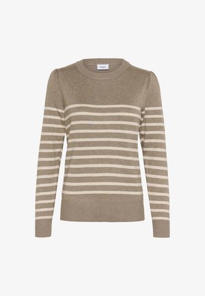 Pruhovaný sveter v svetlohnedej a krémovej farbe, s okrúhlym výstrihom, dlhými rukávmi, rebrovanými manžetami a jemnou pletenou textúrou.