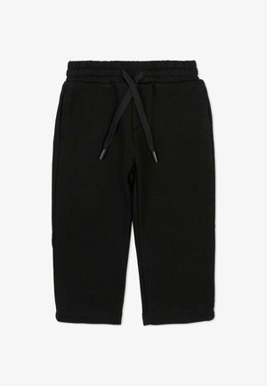 Pantaloni della tuta neri per bambino piccolo con vita elastica e coulisse nera, dotati di tasche laterali e gambe dritte.