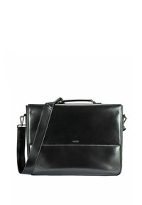 Czarna skórzana torba na ramię o smukłej linii, z regulowanym paskiem na ramię, uchwytem u góry oraz subtelnym tłoczonym logo z przodu.