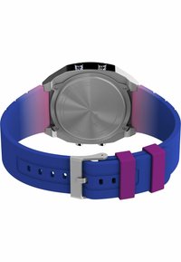 Orologio digitale con cinturino in silicone blu con accenti viola, cassa in acciaio inossidabile e quadrante rotondo argentato con due pomelli.