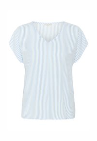 Haut à manches courtes rayé bleu clair et blanc avec un design en V, offrant une coupe décontractée et une texture de tissu douce.
