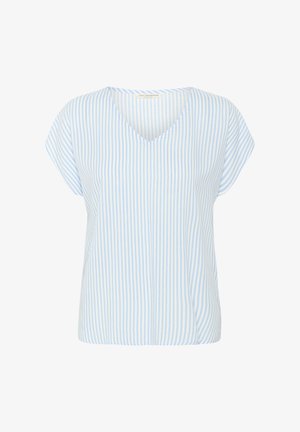 Fénykék és fehér csíkos, rövid ujjú felső V-nyakú dizájnnal, laza fazonnal és puha szövet textúrával.