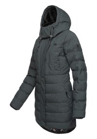 Gray insulated winter coat with a high collar, zippered front, elastic cuffs, and drawstrings. Features a textured, quilted design.