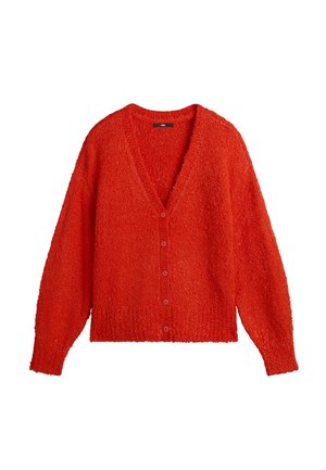 Cardigan rouge texturé à boutons, manches longues et col en V profond, présenté à plat sur fond blanc.