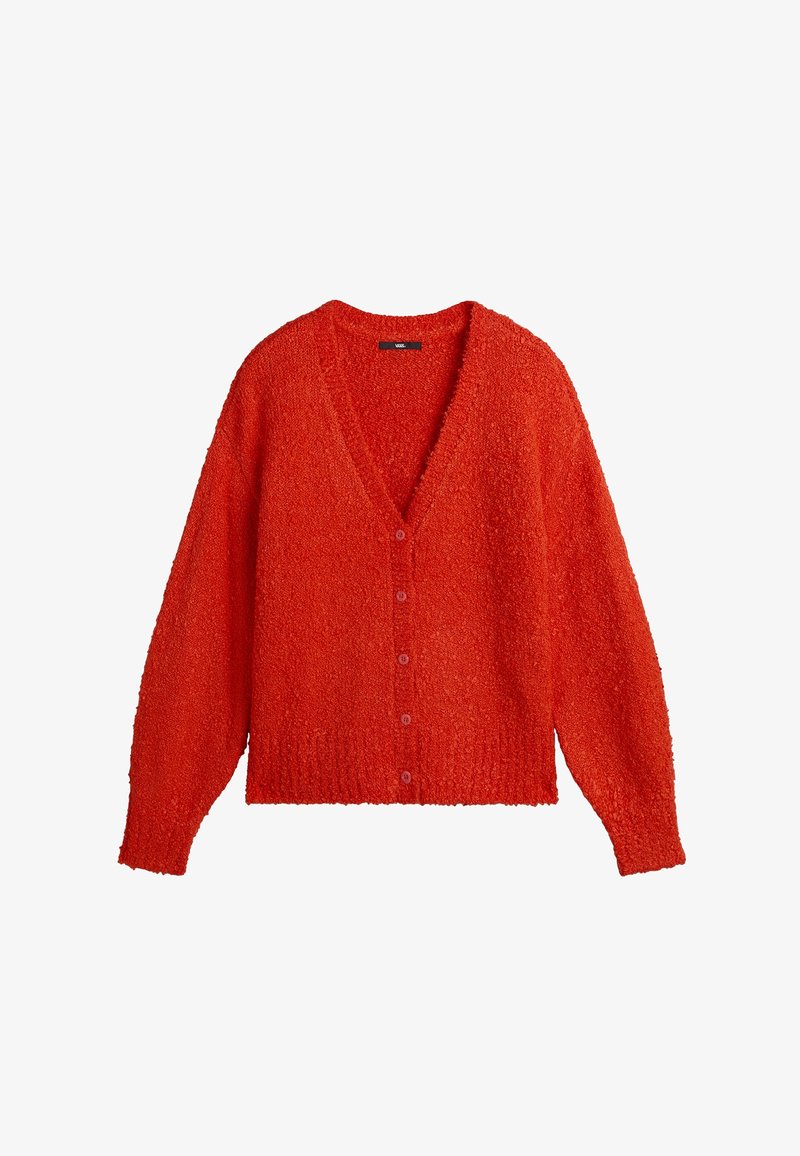 Cardigan rouge texturé à boutons, manches longues et col en V profond, présenté à plat sur fond blanc.