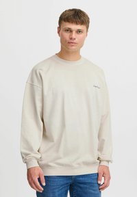 Beige sweatshirt with long sleeves, a round neck, and ribbed cuffs. Features subtle "Daily Routine" embroidered text on the chest.
