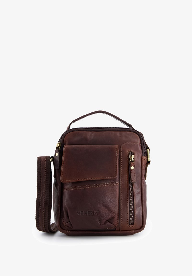 Kleine braune Leder-Umhängetasche mit Vorderklappenfach, senkrechtem Reißverschlussfach, Obergriff und verstellbarem Tragegurt, markiert mit "Venezia."