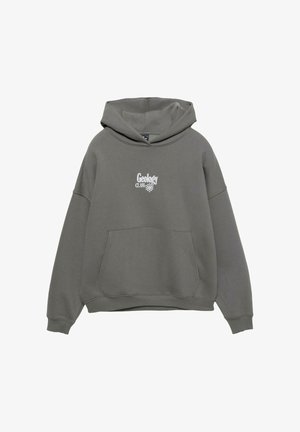 Grå hættebluse med frontlomme og hvid tekst "Geologi Klasse" med grafik i midten af brystområdet.