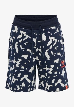Navyblaue Shorts aus einer Baumwollmischung mit einem weißen, abstrakten Camouflage-Muster. Mit elastischem Bund und Kordelzug für eine verstellbare Passform.