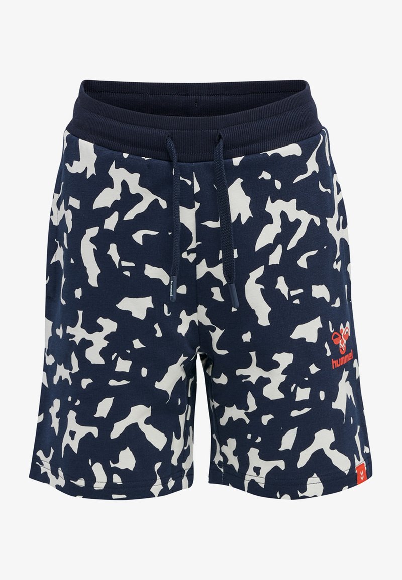 Navyblaue Shorts aus einer Baumwollmischung mit einem weißen, abstrakten Camouflage-Muster. Mit elastischem Bund und Kordelzug für eine verstellbare Passform.