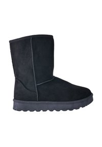Zwarte suede enkellaarsjes met een ronde neus, een platte rubberen zool en gestikte details langs de naden. Ontwerp met een hoogte tot halverwege de kuit.