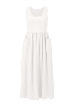 Fehér, ujjatlan midi ruha, testhezálló bordázott felsőrész, kerek nyakkivágás, húzott derékrész és két nagy elülső zseb.