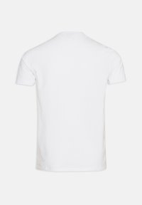 T-shirt bianco a maniche corte con scollatura a girocollo. Tessuto di cotone liscio, design semplice, senza loghi o motivi visibili. Vista posteriore mostrata.
