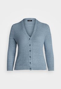 Hellblauer gerippter Cardigan mit V-Ausschnitt, Knopfleiste vorne, langen Ärmeln und strukturiertem Finish. Verfügt über blaue Knöpfe und ein tailliertes Design.