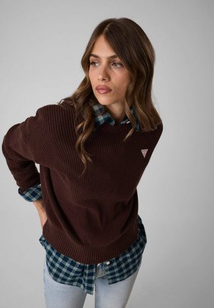 Giovane donna con lunghi capelli castani che indossa un maglione marrone scuro sopra una camicia a quadri blu e jeans chiari, guarda di lato.