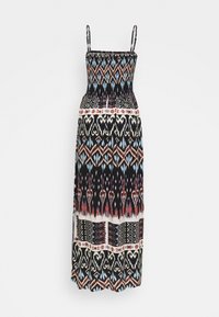 Robe maxi à fines bretelles avec des motifs géométriques et en forme de cœur multicolores dans des tons de noir, rouge, bleu et beige.