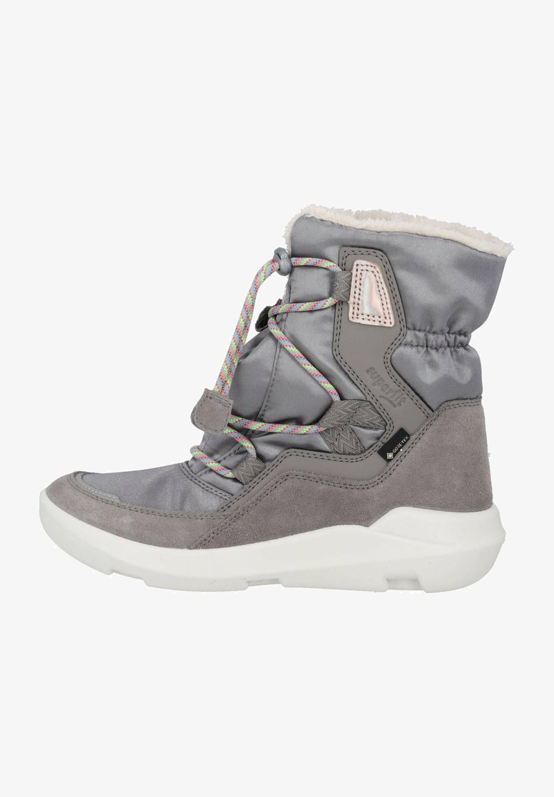Szare wodoodporne botki do kostki z zamszową i tekstylną cholewką, wyściełanym kołnierzem, wielokolorowymi sznurówkami i białą gumową podeszwą. Teksturowane akcenty po bokach.